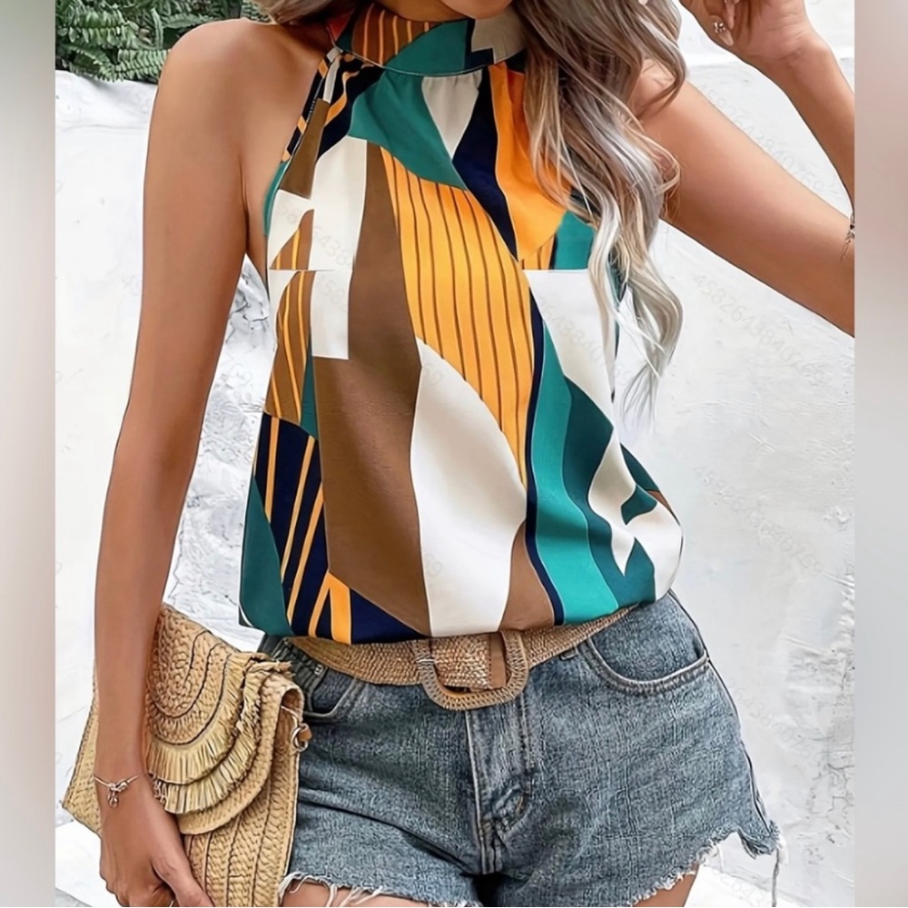 Passion Geo Print Halter Neck Blouse - Picture 2 of 7